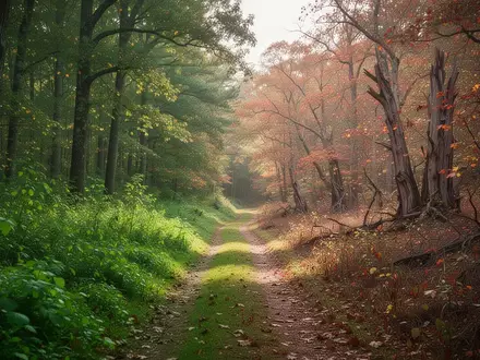 Ein von der Sonne durchfluteter Waldweg, der den Übergang von saftigem Grün zu herbstlichen Farben zeigt und den Lauf der Zeit symbolisiert. - Foto: über boerse-global.de