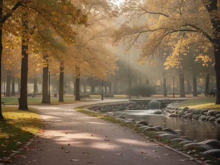 Ein herbstlicher Parkweg mit goldenen Bäumen und einem steinernen Wasserlauf in einer ruhigen Grünanlage. - Foto: über boerse-global.de
