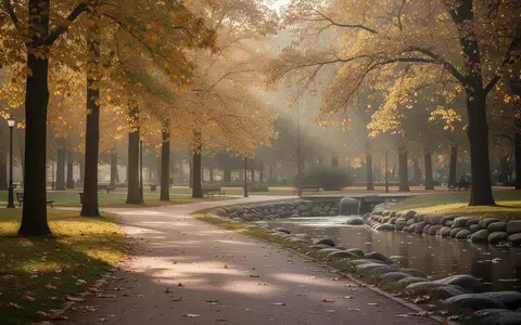 Ein herbstlicher Parkweg mit goldenen Bäumen und einem steinernen Wasserlauf in einer ruhigen Grünanlage. - Foto: über boerse-global.de