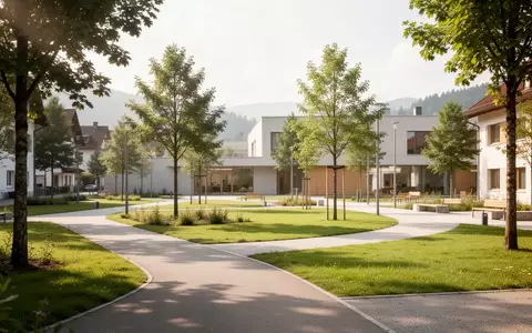 Ein sonniger, moderner Park in einer bayerischen Kleinstadt mit gepflegten Wegen und Grünflächen zur Gesundheitsförderung. - Foto: über boerse-global.de
