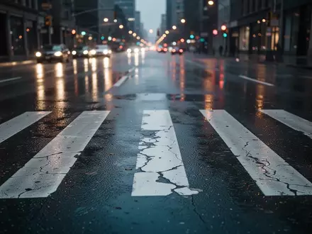 Eine verregnete, leere Stadtstraße bei Dämmerung mit einem Zebrastreifen und Reflexionen auf dem Asphalt. - Foto: über boerse-global.de