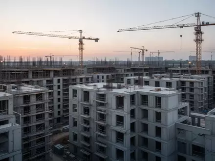Rohbau von modernen Wohngebäuden auf einer Baustelle bei Dämmerung - Foto: über boerse-global.de