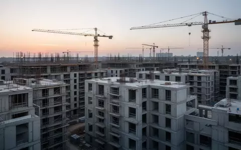 Rohbau von modernen Wohngebäuden auf einer Baustelle bei Dämmerung - Foto: über boerse-global.de
