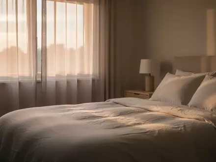 Ein ruhiges, von morgendlichem Licht durchflutetes Schlafzimmer mit minimalistischer Einrichtung und weichen Textilien. - Foto: über boerse-global.de