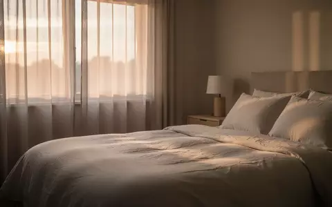 Ein ruhiges, von morgendlichem Licht durchflutetes Schlafzimmer mit minimalistischer Einrichtung und weichen Textilien. - Foto: über boerse-global.de