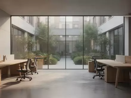 Ein minimalistisches, modernes Großraumbüro mit hellen Holztischen und großen Fensterfronten in einer ruhigen Arbeitsumgebung. - Foto: über boerse-global.de