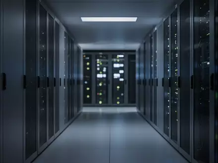 Ein leerer, düster beleuchteter Korridor in einem Rechenzentrum mit unscharfen Server-Racks im Hintergrund. - Foto: über boerse-global.de