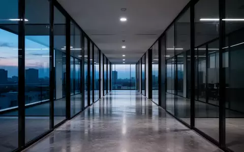 Ein minimalistischer, leerer Büroflur mit Glaswänden bei Dämmerung, der eine ruhige und professionelle Atmosphäre vermittelt. - Foto: über boerse-global.de