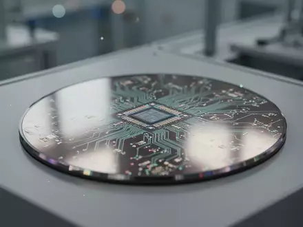 Nahaufnahme eines modernen Silizium-Wafers mit sichtbaren Mikrochip-Strukturen in einer industriellen Fertigungsumgebung. - Foto: ĂĽber boerse-global.de