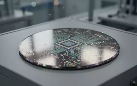 Nahaufnahme eines modernen Silizium-Wafers mit sichtbaren Mikrochip-Strukturen in einer industriellen Fertigungsumgebung. - Foto: über boerse-global.de