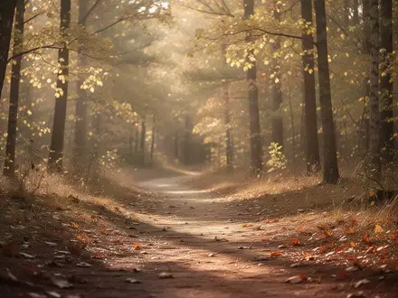Sonnenbeschienener Waldweg im Frühherbst mit leichtem Laub auf dem Boden - Foto: über boerse-global.de