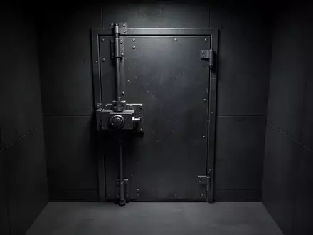Eine schwere Stahltür mit einem massiven industriellen Verschlussmechanismus in einer minimalistischen, dunklen Umgebung. - Foto: über boerse-global.de