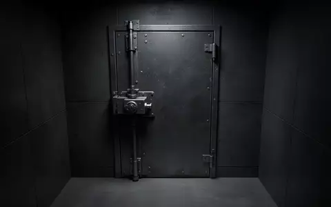 Eine schwere Stahltür mit einem massiven industriellen Verschlussmechanismus in einer minimalistischen, dunklen Umgebung. - Foto: über boerse-global.de
