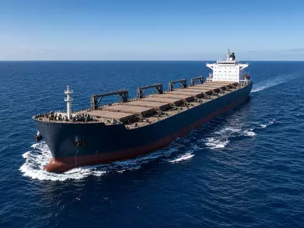 Ein groĂźes Massengutfrachter-Schiff auf offener See bei klarem Himmel. - Foto: ĂĽber boerse-global.de