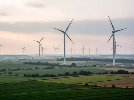 Weitläufiger Windpark in einer ländlichen Hügellandschaft bei Dämmerung unter einem bewölkten Himmel. - Foto: über boerse-global.de