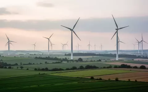 Weitläufiger Windpark in einer ländlichen Hügellandschaft bei Dämmerung unter einem bewölkten Himmel. - Foto: über boerse-global.de
