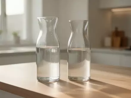 Zwei gläserne Wasserkaraffen auf einer hellen Holzarbeitsplatte in einer minimalistischen Küche bei natürlichem Licht. - Foto: über boerse-global.de