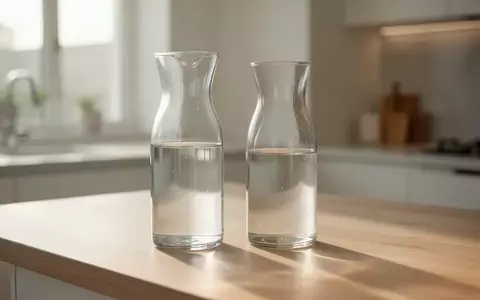 Zwei gläserne Wasserkaraffen auf einer hellen Holzarbeitsplatte in einer minimalistischen Küche bei natürlichem Licht. - Foto: über boerse-global.de