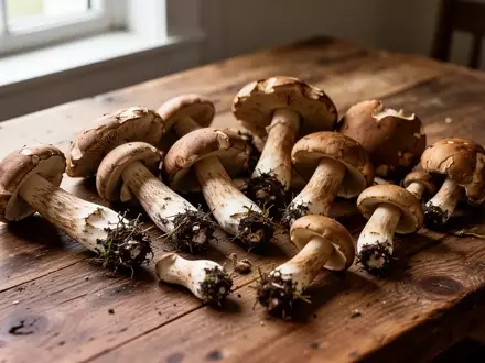 Frisch gesammelte Waldpilze liegen zur Vorbereitung auf einem rustikalen Holztisch in einer hellen Küche. - Foto: über boerse-global.de