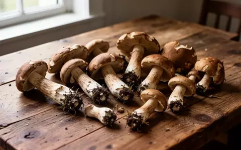 Frisch gesammelte Waldpilze liegen zur Vorbereitung auf einem rustikalen Holztisch in einer hellen Küche. - Foto: über boerse-global.de