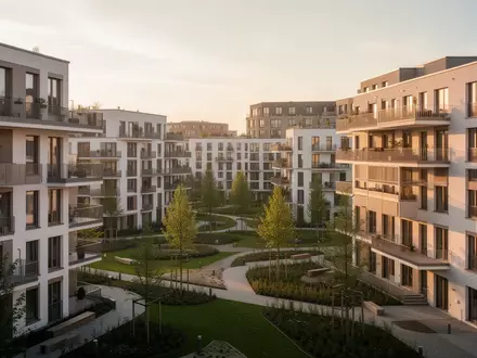 Moderne Wohnbebauung mit Grünflächen in einem städtischen Quartier bei warmem Licht. - Foto: über boerse-global.de