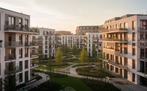 Moderne Wohnbebauung mit Grünflächen in einem städtischen Quartier bei warmem Licht. - Foto: über boerse-global.de