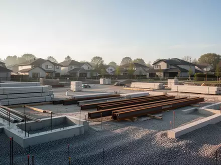 Eine leere Baustelle mit Baumaterialien und Fundamentvorbereitungen bei Tageslicht. - Foto: über boerse-global.de