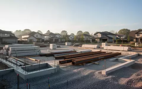 Eine leere Baustelle mit Baumaterialien und Fundamentvorbereitungen bei Tageslicht. - Foto: über boerse-global.de