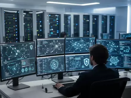 Ein IT-Spezialist arbeitet an einem Arbeitsplatz in einem modernen Cyber-Sicherheitszentrum mit Server-Infrastruktur. - Foto: über boerse-global.de