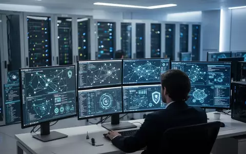 Ein IT-Spezialist arbeitet an einem Arbeitsplatz in einem modernen Cyber-Sicherheitszentrum mit Server-Infrastruktur. - Foto: über boerse-global.de