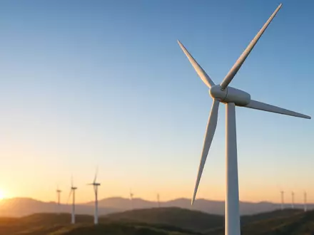 Moderne Windkraftanlage bei Sonnenaufgang auf einem weitläufigen Feld. - Foto: über boerse-global.de