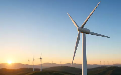 Moderne Windkraftanlage bei Sonnenaufgang auf einem weitläufigen Feld. - Foto: über boerse-global.de
