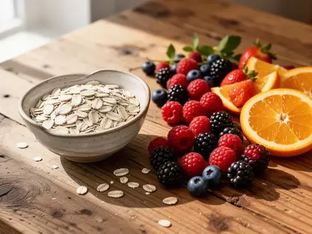 Eine Nahaufnahme einer Schale mit Haferflocken, frischen Beeren und Zitrusfrüchten auf einem Holztisch bei natürlichem Licht. - Foto: über boerse-global.de