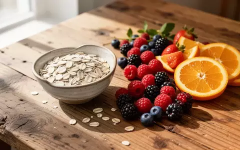 Eine Nahaufnahme einer Schale mit Haferflocken, frischen Beeren und Zitrusfrüchten auf einem Holztisch bei natürlichem Licht. - Foto: über boerse-global.de