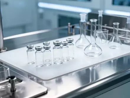 Steriler Arbeitsplatz in einem pharmazeutischen Labor mit leeren Glasphiolen auf einer glänzenden Edelstahloberfläche. - Foto: über boerse-global.de