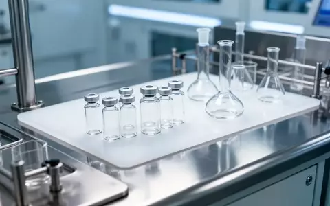 Steriler Arbeitsplatz in einem pharmazeutischen Labor mit leeren Glasphiolen auf einer glänzenden Edelstahloberfläche. - Foto: über boerse-global.de