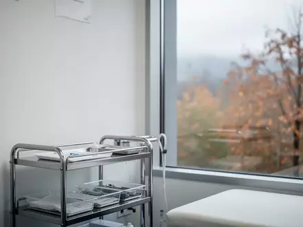 Ein steriler, minimalistischer Untersuchungsraum in einer Klinik mit einem medizinischen Wagen vor einem Fenster mit Herbstlandschaft. - Foto: über boerse-global.de