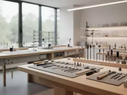 Eine minimalistische, helle Werkstatt mit Holztischen und Werkzeugen in einer ruhigen, professionellen Umgebung. - Foto: über boerse-global.de