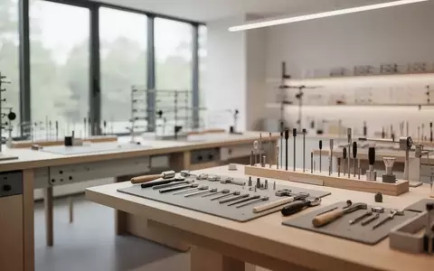 Eine minimalistische, helle Werkstatt mit Holztischen und Werkzeugen in einer ruhigen, professionellen Umgebung. - Foto: über boerse-global.de