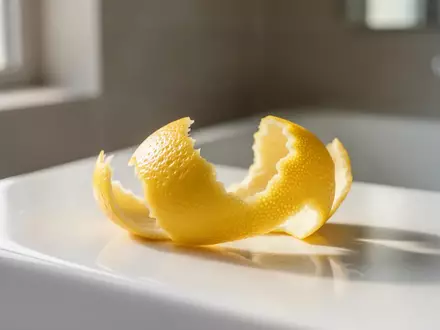 Eine frische Zitronenschale liegt auf einer sauberen weißen Keramikoberfläche in einem minimalistischen Badezimmer. - Foto: über boerse-global.de