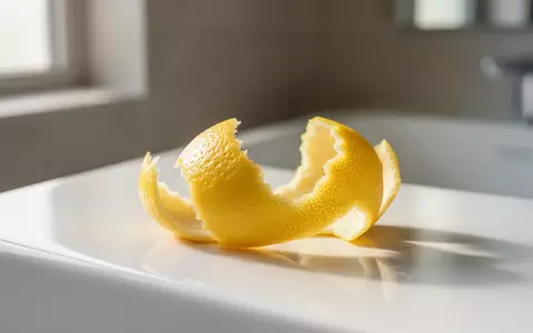 Eine frische Zitronenschale liegt auf einer sauberen weißen Keramikoberfläche in einem minimalistischen Badezimmer. - Foto: über boerse-global.de