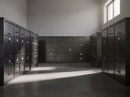 Ein minimalistisch gestaltetes Archiv mit dunklen Metallschränken in einem ruhigen Raum mit natürlichem Lichteinfall. - Foto: über boerse-global.de