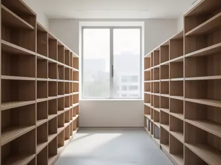 Ein minimalistischer, heller Archivraum mit leeren Holzregalen, der Ordnung und Struktur in einem modernen Büro symbolisiert. - Foto: über boerse-global.de