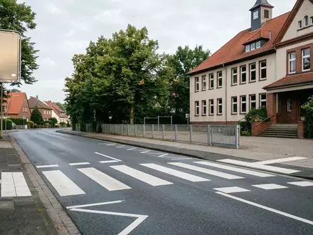 Ein leerer Fußgängerüberweg vor einem Schulgebäude am frühen Morgen bei Tageslicht. - Foto: über boerse-global.de