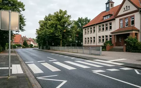 Ein leerer Fußgängerüberweg vor einem Schulgebäude am frühen Morgen bei Tageslicht. - Foto: über boerse-global.de