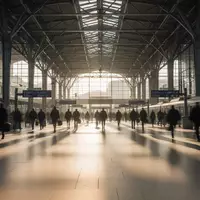 Weitläufige, lichtdurchflutete Bahnhofshalle mit verschwommenen Silhouetten von Reisenden auf dem Boden. - Foto: über boerse-global.de