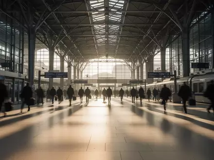 Weitläufige, lichtdurchflutete Bahnhofshalle mit verschwommenen Silhouetten von Reisenden auf dem Boden. - Foto: über boerse-global.de