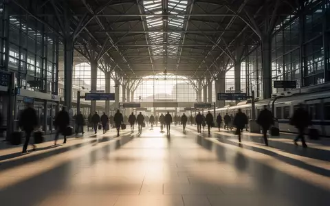 Weitläufige, lichtdurchflutete Bahnhofshalle mit verschwommenen Silhouetten von Reisenden auf dem Boden. - Foto: über boerse-global.de