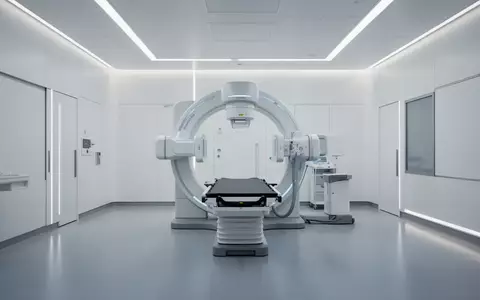 Ein moderner, steriler Behandlungsraum fĂĽr Strahlentherapie mit einem hochmodernen medizinischen Robotersystem. - Foto: ĂĽber boerse-global.de