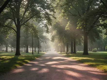 Ein sonnendurchfluteter Waldweg in einem Park, der zu körperlicher Aktivität in der Natur einlädt. - Foto: über boerse-global.de